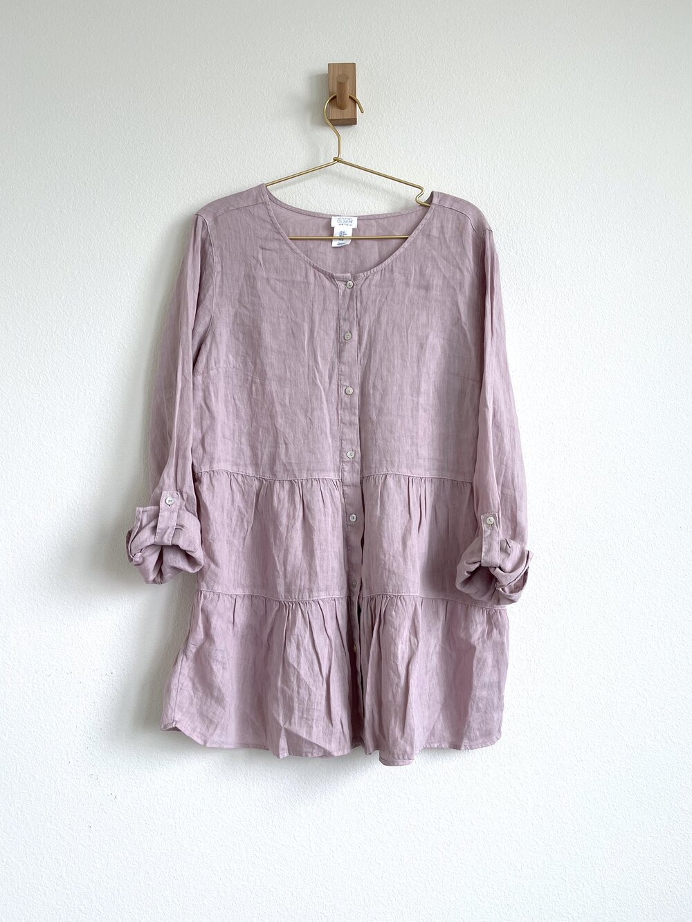 100% Linen Lagenlook Cottage Tiered Button-Down Tunic - Light Mauve